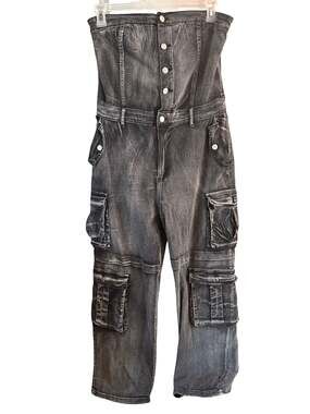 Daisy Strapless Cargo Denim Jumpsuit, Washed Black, Size 2X